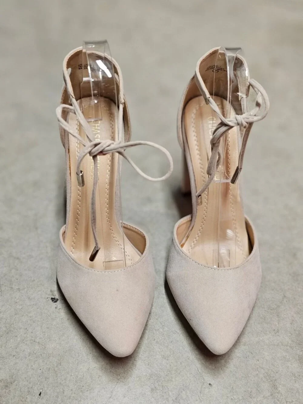 Ankle Strap Block Heel Suede Pumps In Nude Beige For Women